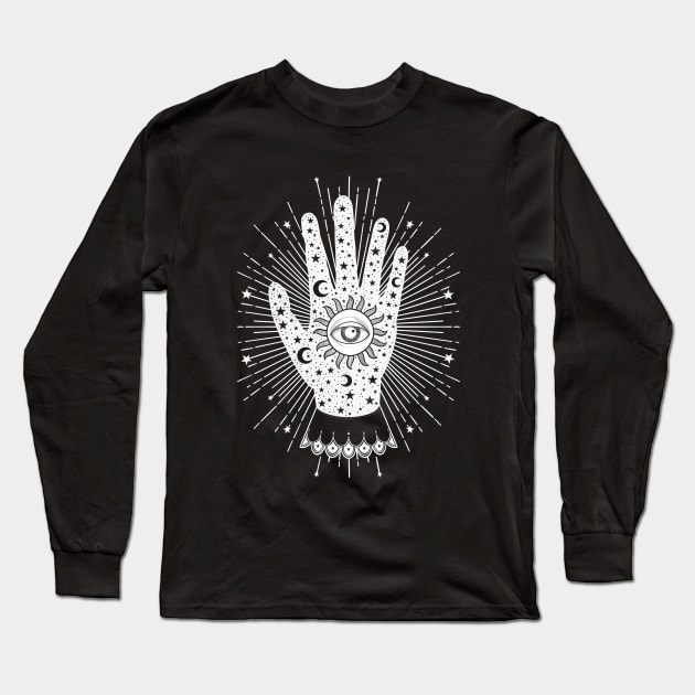 Palmistry Palm with All Seeing Eye, Sun, Moon and Stars in White Long Sleeve T-Shirt by The Lunar Resplendence